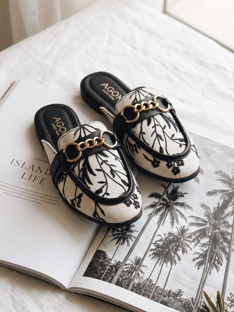 Embroidered Chain Mule Black 1