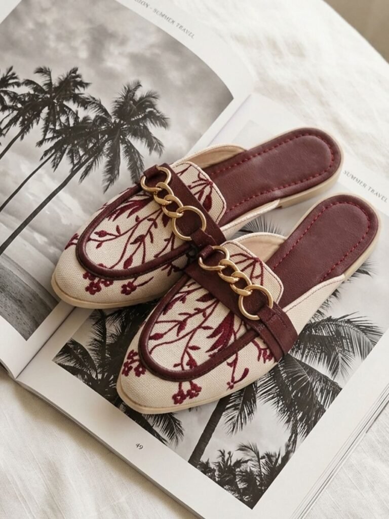 Embroidered Chain Mule Burgundy 1