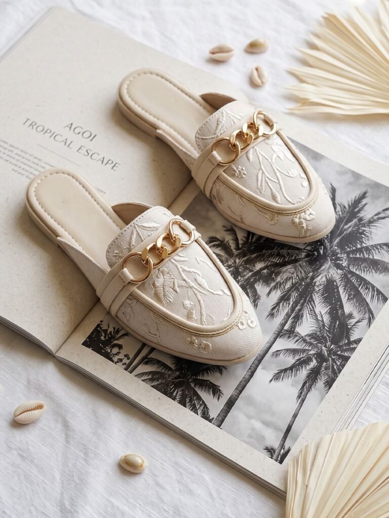 Embroidered Chain Mule Cream 1