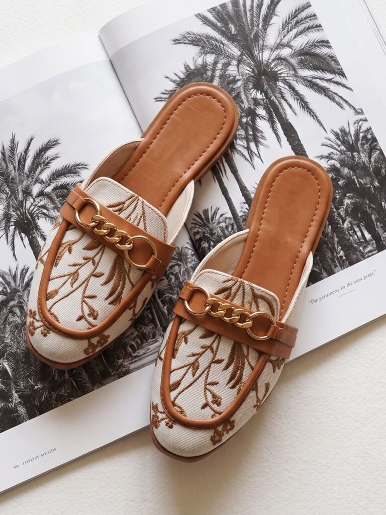 Embroidered Chain Mule Tan 1
