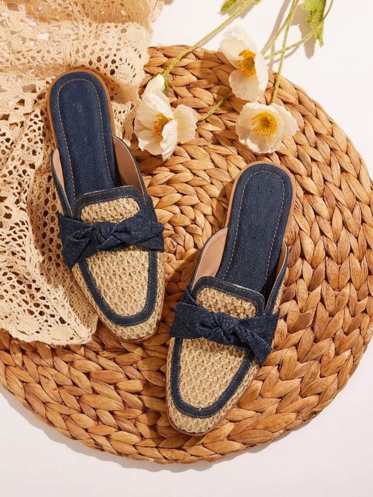 Raffia Bow Mule Navy 1