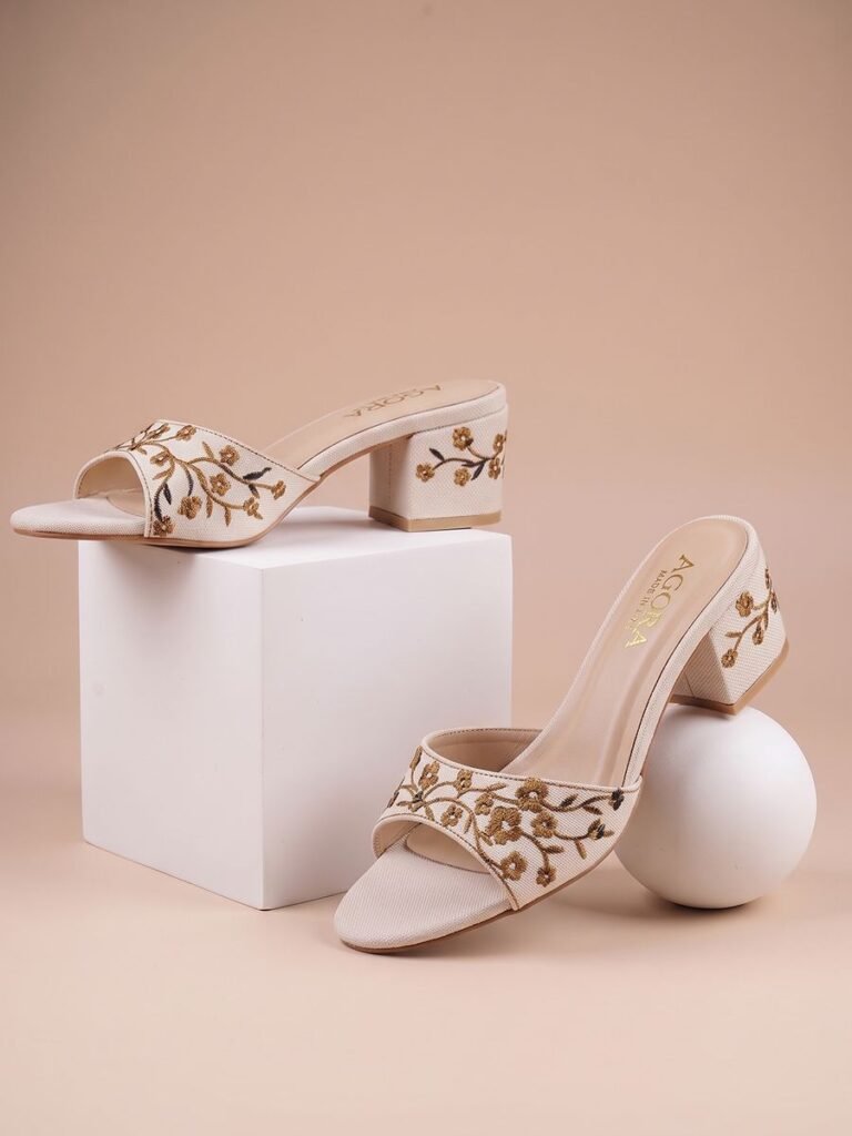 Embroidered Block Heel Gold Floral 1