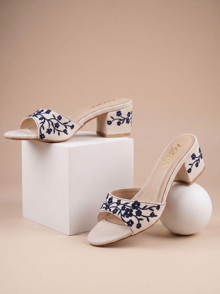 Embroidered Block Heel Navy Floral 1