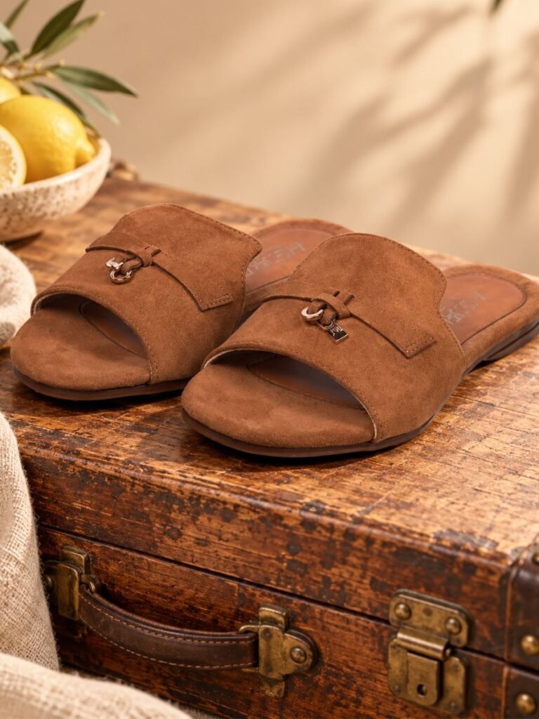Suede Buckle Slide Tan 1