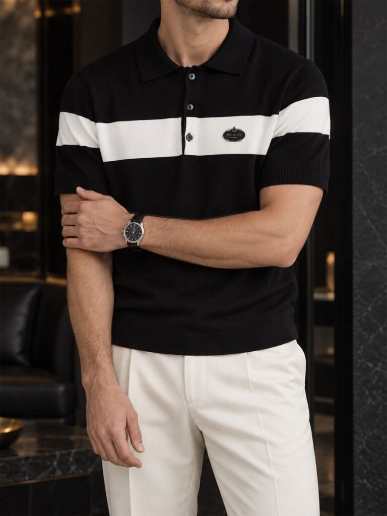 Striped Knit Polo Black 1